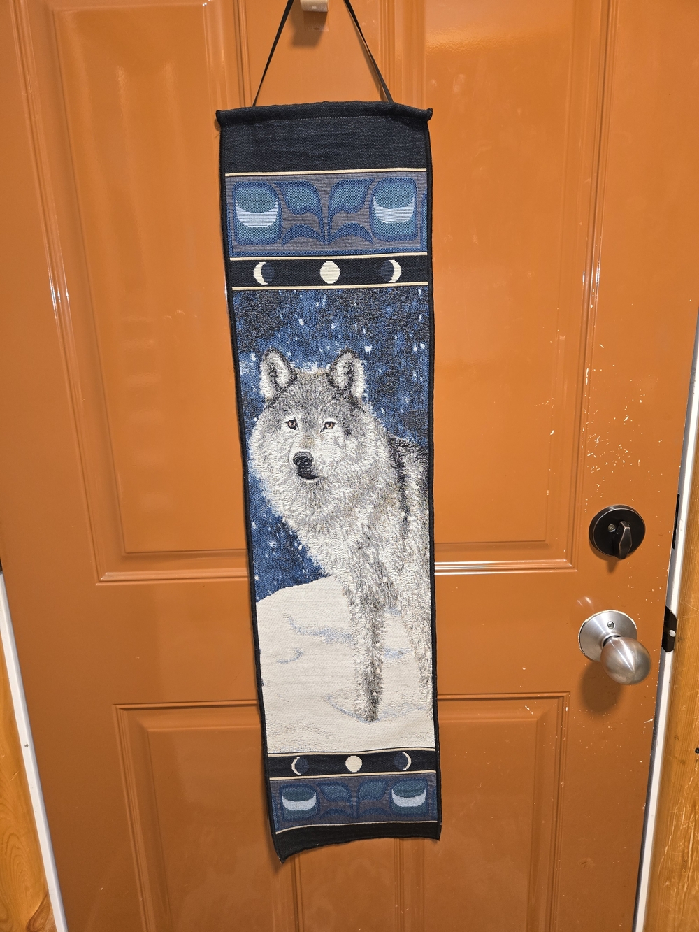 Vintage Style Woven Wolf Tapestry Wall Hanging Moon Phases Blue Southwestern Cab